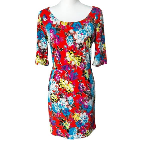 ANTHROPOLOGIE MAUDE Large Orange‎ Colorful Floral Tropical Boho Lined Midi Dress - Picture 1 of 8